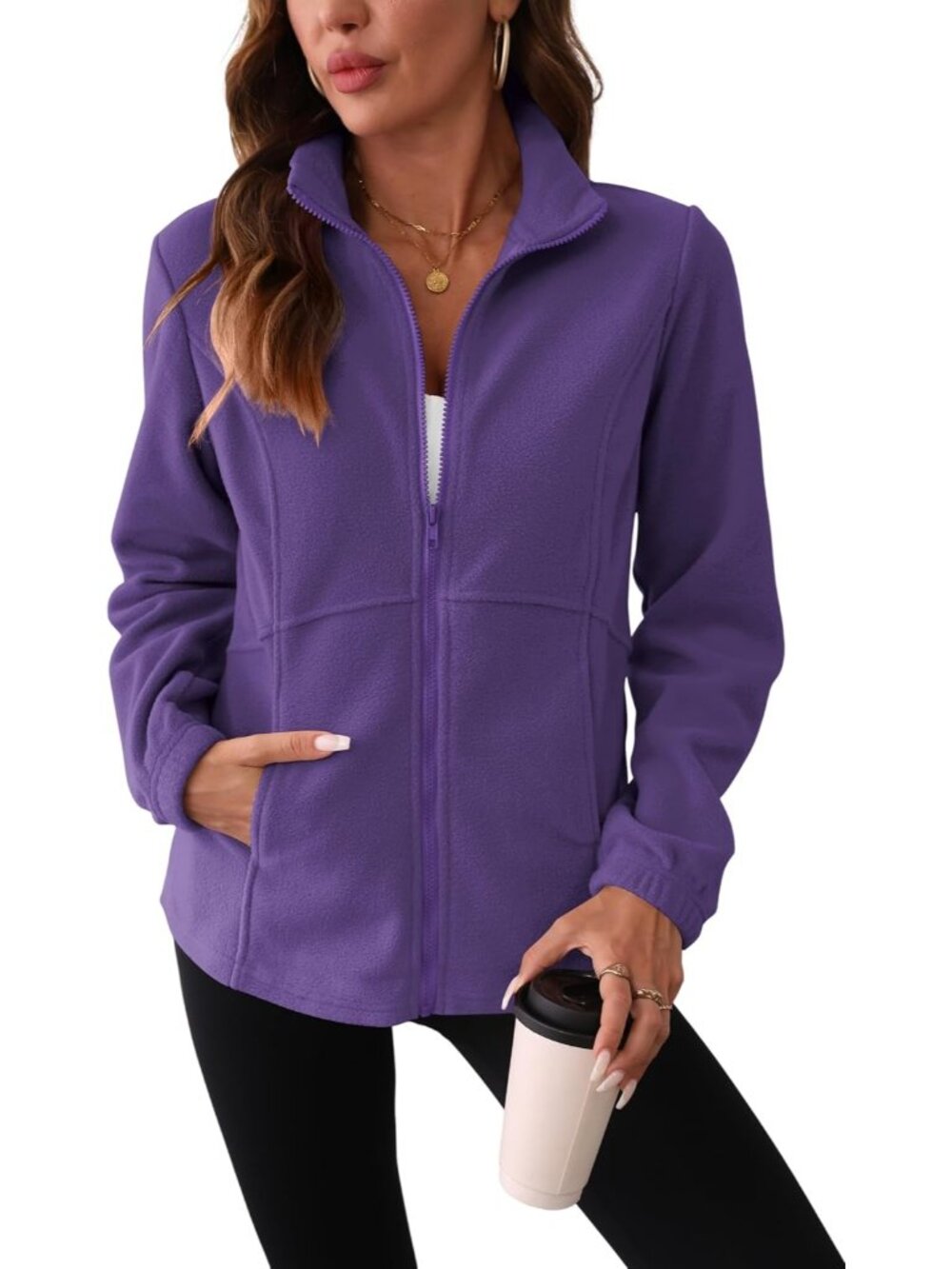 Women Purple Fleece Stand Collar Elastic Cuff Long Sleeve Zip Up Winter Jacket